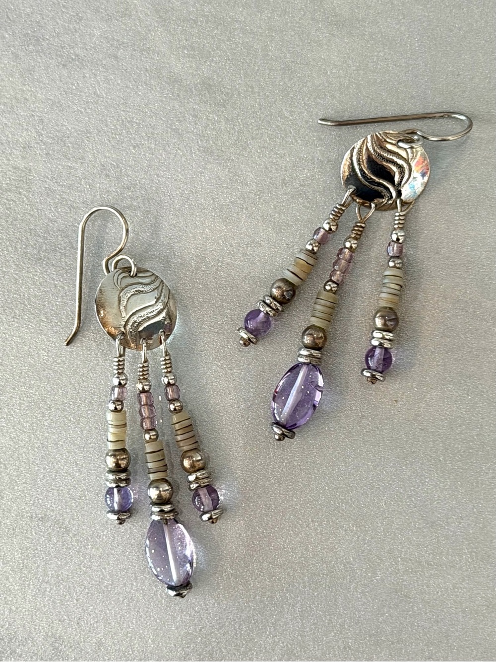 Unique Artisan Sterling Silver Amethyst and Stone Cascade Boho/Tribal Earring